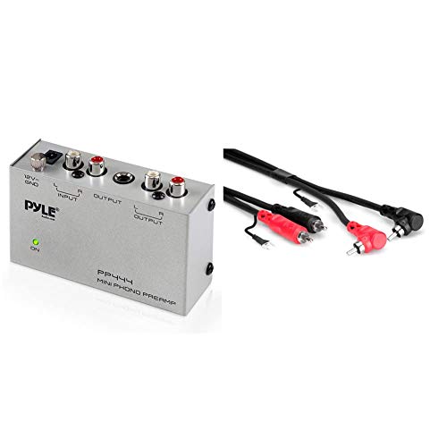 Pyle Phono Turntable Preamp - Mini Electronic Audio Stereo Phonograph Preamplifier (PP444) & Hosa CRA-202DJ Dual RCA to Dual Right Angle RCA with Ground Wire Stereo Interconnect Cable, 2 Meters