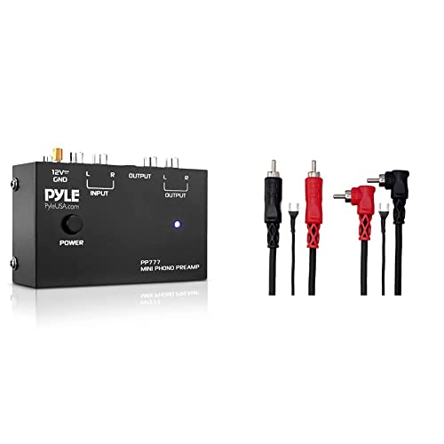 Pyle Output PP777 Phono Turntable Preamp Mini Electronic Audio Stereo Phonograph Preamplifier Input & Hosa CRA-202DJ Dual RCA to Dual Right Angle RCA with Ground Wire Stereo Interconnect Cable, 2 M