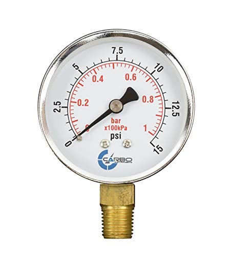 CARBO Instruments 2-1/2" Pressure Gauge, Chrome Plated Steel Case, Dry, 0-15 psi/kPa, Lower Mount 1/4" NPT