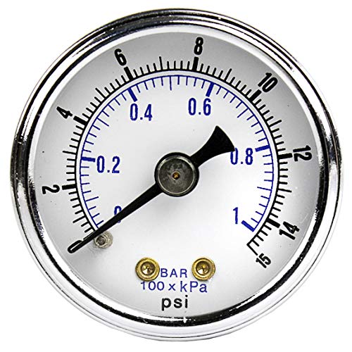 PIC Gauge 102D-158B-GL 1.5" Dial, 0/15 psi Range, 1/8" Male NPT Connection Size, Center Back Mount Dry Pressure Gauge with a Black Steel Case, Brass Internals, Chrome Bezel, and Glass Lens