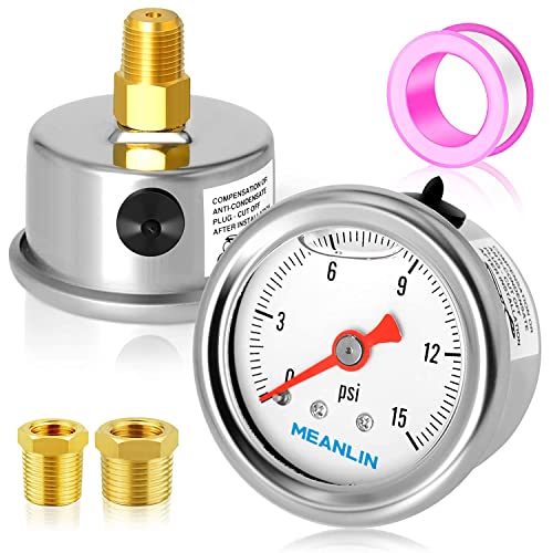 MEANLIN MEASURE 0~15Psi Stainless Steel 1/8" NPT 1.5" FACE DIAL Glycerin Filled Fuel Pressure Gauge Liquid Filled Pressure Gauge WOG Water Oil Gas Center Back Mount