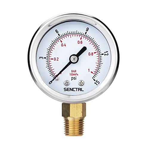 SENCTRL 0-15 Psi Low Pressure Gauge, 2" Dial Size, 1/4 Npt Lower Mount, Anti-Fog, Waterproof, Stainless Steel Case, for Water Air ATV Tire Gas Pressure Test