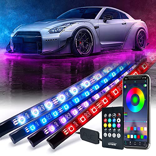 Xprite RGB Car Underglow Bluetooth Lights Kit, Underbody Neon Accent Exterior Cars LED Chasing Glow Light Strip w/ APP Control & Wireless Remote, for Vehicle SUV RV Trucks Pickups Boats-4PCS