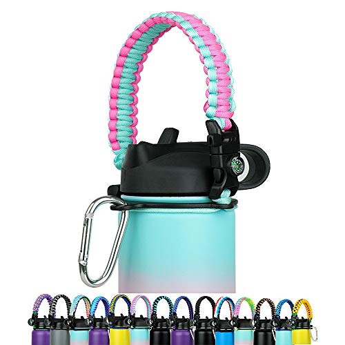 WEREWOLVES Paracord Handle - Fits Wide Mouth Bottles 12oz to 64oz - Durable Carrier, Paracord Carrier Strap Cord with Safety Ring,Compass and Carabiner - Ideal Water Bottle Handle Strap (Pink)