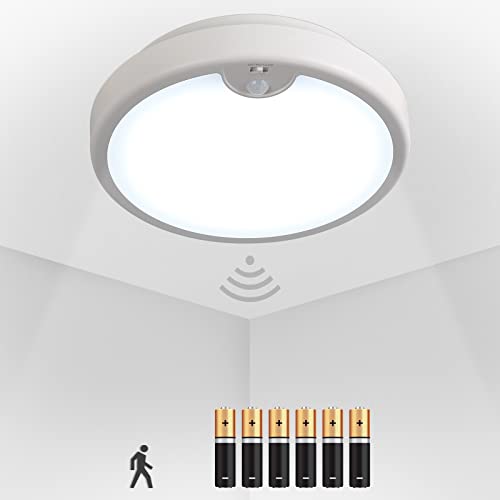 LIGHTNUM Battery Operated Motion Sensor Ceiling Light Indoor 7 Inch Wireless Flush Mount LED Ceiling Lights Fixture No Wiring for Closet Stairs Hallway Laundry, Daylight 5000K
