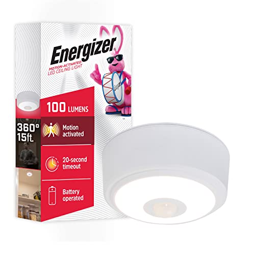 Energizer Motion-Activated LED Ceiling Light, Battery Operated, 100 Lumens, No Wiring Needed, 15ft. Motion Sensing, Great for Laundry Room, Garage, Closets, and More, 39867