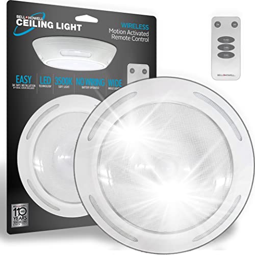 Bell+Howell Wireless Ceiling Spotlight LED Ceiling Light Fixture, Instant Installation, 300 Lumens, 3500K Soft Light, 360 Wide Angle Light, Remote Control, Timer & Motion Functions Includes 3M Tape
