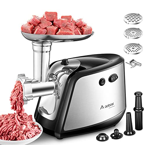 Meat Grinder Electric AAOBOSI Heavy Duty Meat Mincer2200W MaxETL Approved 3-IN-1 Sausage Stuffer and Grinder with 3 Size Plates, Sausage Tube & Kubbe Kits, Stainless Steel Blade,Dual Safety Switch