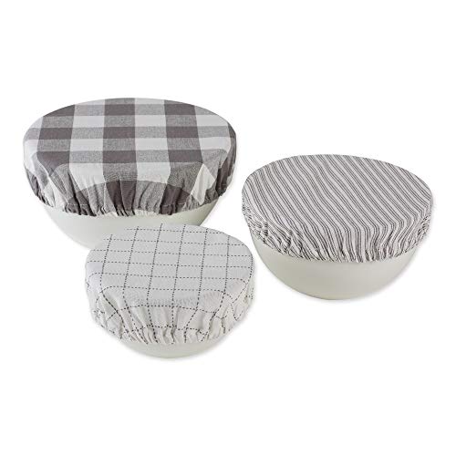 DII Reusable Cloth Bowl Cover Collection Machine Washable, Cotton with Elastic Stretch for Food Storage, 10.25"/8.25"/7.5" Diameter, Farmhouse Plaid, Gray, 3 Piece