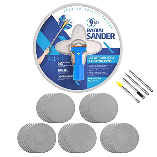 Radial Sander - 9 Inch Drywall Sander for Home Improvement Renovations, Includes 25pcs Wall Sanding Discs & Extension Pole, 360 Circular Sander, Pole Sander for Dry Wall & Painting Projects