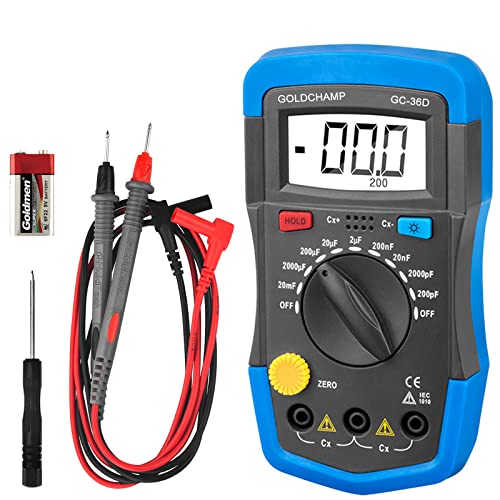 GOLDCHAMP Digital Multimeter Capacitance Meter 200pF-20mF Meter Capacitor Handheld Multimeter Tester with Multi Testers Manual Range Measure Tool, Back Light, Data Hold