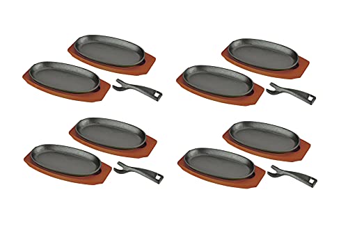 JapanBargain 1809, Sizzling Steak Plate Set with Wooden Base Cast Iron Fajita Skillet Server Plate for Home or Restaurant Use, Induction Cookware, 4 Set