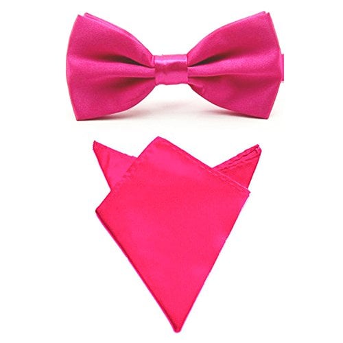 Men Satin Solid Color Pre-tied Tuxedo Bowtie Bow Tie Handkerchief Pocket Square Set (Hot Pink)