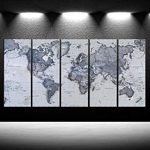 iKNOW FOTO 5 Pieces Vintage World Map Canvas Prints Push Pin Map Wall Art Decor Trace Travel Marks Map Wall Decor Abstract The Map of The World Antique Framed Picture for Living Room Office 16x40inx5