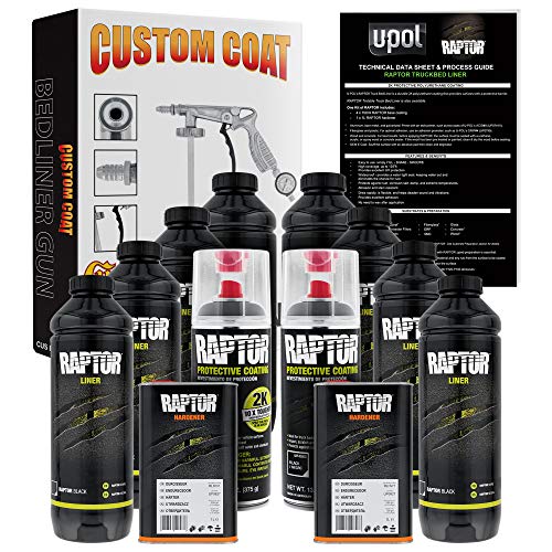 U-Pol Raptor 8 Quart Kit - Black Urethane Spray-On Truck Bed Liner Kit with Custom Coat Spray Gun with Regulator - Bonus 2 Bedliner Aerosol Cans