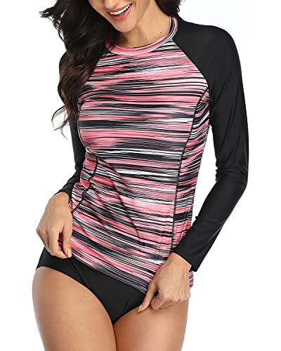 Daci Women Multi Pink 2 Piece Rash Guard Long Sleeve Bathing Suit with Bottom Built in Bra Swimsuit UPF 50 M