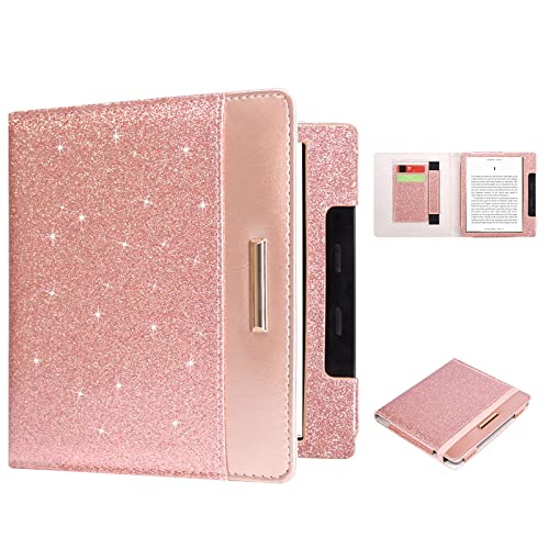 DMLuna Kindle Oasis Case, Fits 10th Generation 2019 and 9th Generation 2017, 7, Premium Protective Durable Lightweight PU Leather Cover with Auto Sleep Wake, Card Slot, Hand Strap, Glitter Rose Gold
