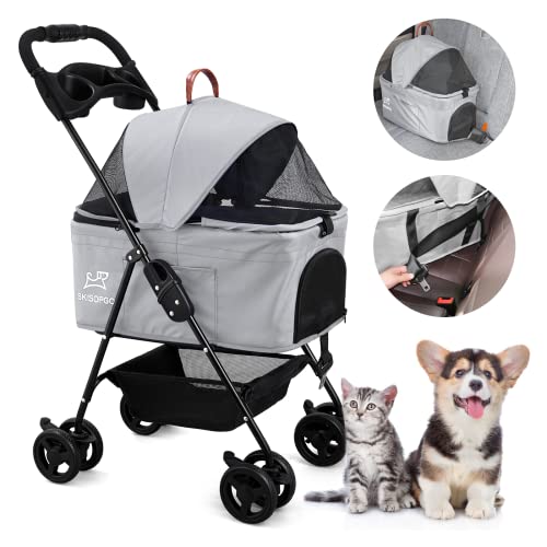 SKISOPGO Dog Cat Pet Gear 3-in-1 Foldable Pet Stroller Detachable Carrier, Car Seat and Stroller with Push Button Entry for Small Pets (Gray)