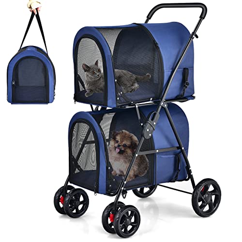 Giantex Double Pet Stroller with 2 Detachable Carrier Bags, Safety Belt, 4 Lockable Wheels Cat Stroller Travel Carrier Strolling Cart, Folding Dog Stroller for Small Medium Dogs Cats Puppy (Navy)