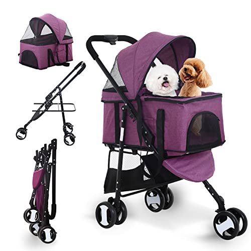 Dog Stroller Cat Stroller Pet stoller 3-in-1 Folding Dog Stroller for Small Medium Dogs Cats with Detachable Carrier Storage Basket Waterproof Lightweight for Travel,Purple