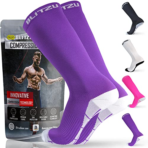 BLITZU Womens Compression Socks 20-30 Mmhg Wide Calf Energy Socks Easy On Easy Off For Swollen Feet And Ankles Post Surgery Edema Shin Splints Running Medical Socks For Men & Women PURPLE XL