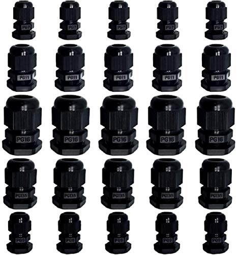 Cable Glands - 25 Pack Plastic Waterproof 3.5-13mm Nylon Cable Glands Joints Wire Protectors, PG 7/9/11/13.5/16, for Home/Garden/Outdoor Lighting Cable Black