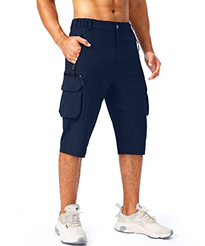 Pudolla Men's Hiking Capri Shorts Lightweight 3/4 Long Shorts for Men with 6 Pockets Cargo Short for Work Travel Workout Casual(Navy Large)