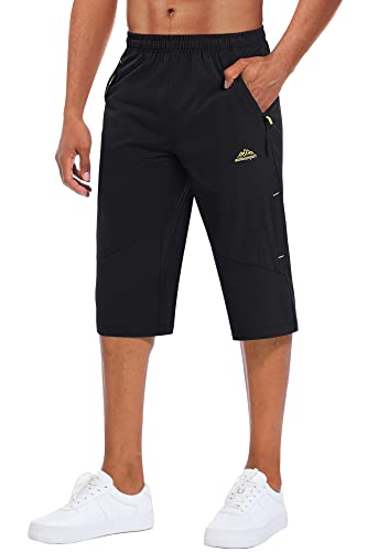 MAGCOMSEN Capri Shorts Men Zipper Pockets Quick Dry Below Knee Stretchy Drawstring Summer Workout Shorts Black, 36
