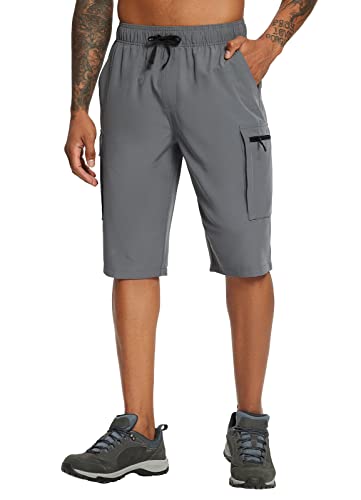 BALEAF Men's 13" Long Shorts Below The Knee Lightweight Quick Dry Hiking Cargo Shorts with Zipper Pocket Elastic Waist UPF 50+ Outdoor Travel Grey M