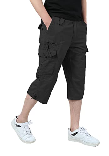 iMackky Men's 3/4 Cargo Shorts Elastic Below Knee Capri Long Shorts Casual Loose Fit with 7 Pockets Black 32
