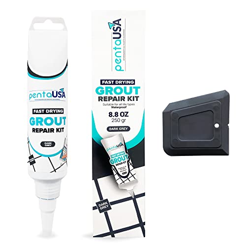 PentaUSA Tile Grout Repair Kit - 8.8 oz Dark Grey Color Premix Grout Paint Tube with Applicator Spatula - Restore, Repair, Renew Tile Joints, Fast Drying, Odorless Formula (Dark Grey, 8.8oz - 250gr)