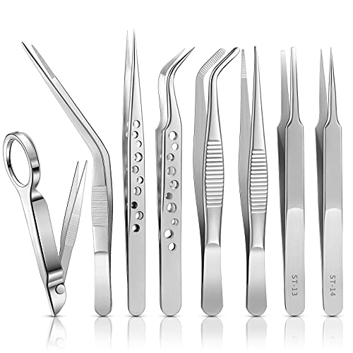 8 Pieces Tweezers Sets Stainless Steel Tweezers Forceps with Magnifying Glass Straight Fine Point Forceps Curved Round Flat Tip Tweezers 9 Holes Straight Curved Tip Tweezers for Beauty Lab Craft Tool