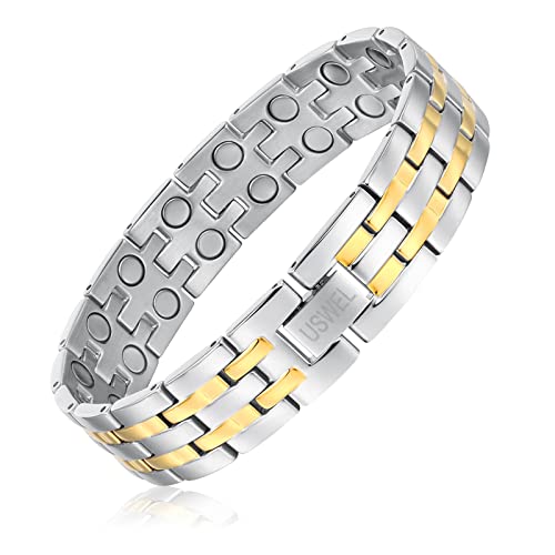 USWEL 2X Ultra Strength Magnetic Bracelet - Trendy Power Magnetic Bracelets for Men - Adjustable Length with Sizing Tool, Father's Day Jewelry Custom Gifts (Silver&Gold)