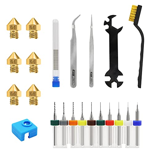 TASTE3D MK8 3D Printer Nozzles, Ender 3 Nozzle Cleaning Kits with 6PCS 0.4mm 0.6mm 0.8mm Ender 3 Pro Nozzles and 19PCS Nozzle Cleaning Needle/Brush and 3D Printer Tools 6-in-1 Nozzle Wrench