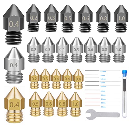 3D Printer Nozzles, 25PCS Extruder MK8 Nozzle Hardened Steel, Stainless Steel, Brass High Temperature Resistant Nozzle with Cleaning Tool Kit for Makerbot Ender 3 / Ender 3Pro, CR-10 Series