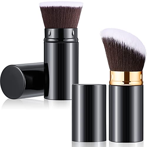 2 Piece Retractable Kabuki Brush Angled Foundation Makeup Brushes Portable Travel Flat Top Bronzer Blush Brush with Cover for Blush Bronzer, Buffing Loose Powder Cream or Liquid Cosmetics