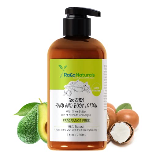 RaGaNaturals Body Lotion - Unscented, Soothing Shea Butter Lotion with Argan, Avocado Oil and Vitamin E- Plant Based, All Natural, No Synthetic Fragrance, Non-Greasy, Vegan, Cruelty-Free, Deeply Nourishing Moisturizer, Hydrate Dry Flaky Skin - For Women, Men, and Kids - 8 Fl Oz