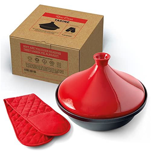 Uno Casa Tagine Pot moroccan for cooking - 3.65-Quart Moroccan Tajine with Enameled Cast Iron Base and Ceramic Cone-Shaped Lid, High-Quality Cookware- Red Double Oven Mitts Included