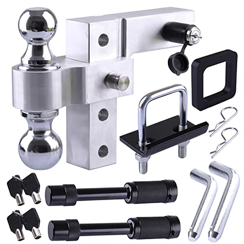 Adjustable Trailer Drop Hitch 6 Inch Fits 2 Inch Receiver 2" 2-5/16" Dual Ball Mount with Double Pins and Locks Tightener Silencer Pad Silver