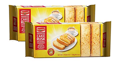 BRITANNIA Premium Cake Rusk 19.4oz (550g) - Goodness of Milk and Egg - Delightfully Smooth, Soft and Delicious Cake - Breakfast & Tea Time Snacks (Pack of 2)