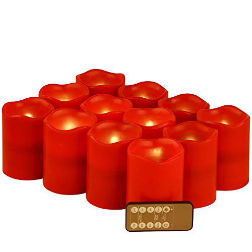 Red Flameless Candles LED Lights Set of 12 (D:3" X H:4") Realistic Flickering Electric Candles Battery Operated, Real Wax Moving Wick LED Pillar Candle Sets with Remote Control Timer