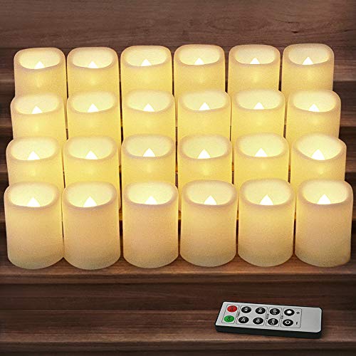 HOME MOST Set of 24 LED Votive Candles with Timer and Remote (Ivory Body with Warm White Glow) - Flickering Flameless Votive Candles Battery Operated - Bulk Rustic Wedding Decorations Reception Table