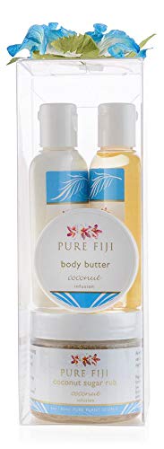 Pure Fiji Spa Gifts for Women and Man - Body Gift Box Sugar Glow with Exfoliating Scrub, Bath and Body Oil, Body Butter and Body Lotion, Shower Set, Coconut