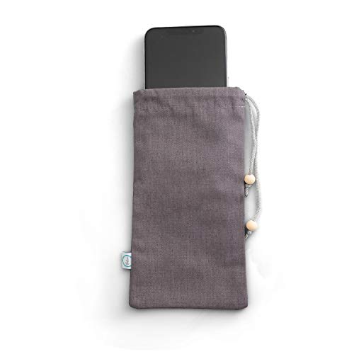 Halsa EMF Protection Phone Sleeve Radiation Blocking Carrying Case, Pouch. 100 Silver Fiber Fabric Lined. Drawstring Closure. High Shielding. Lightweight & Portable. Fits in Pocket, Purse, Grey
