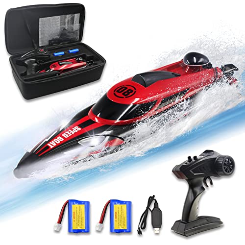JOY SPOT! RC Boat 2.4 GHZ for Kids Adults, 20+ MPH High Speed Remote Control Boat for Pools and Lakes, Portable Storage Pack with Rechargeable Battery,Low Battery Alarm,Gifts for Boys Girls- Red