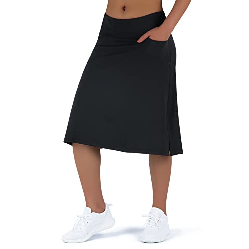 Women's Midi Length Skorts Skirts with 3 Pockets - High Waisted Drawstring Modest Long Casual Travel Walking,Women's 24" Knee Length Skorts(S Black)