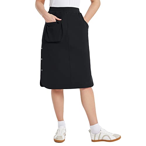 BALEAF Women's Long Casual Skirt Pocket with Slit 26.5" Midi Calf Length Elastic Waist Stretch for Travel Black Size XL