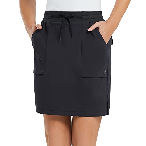 BALEAF Women's Golf Skort 18" Knee Length Skirt with Biker Shorts Pockets Stretch Elastic Waist for Tennis Hiking Black Size XL