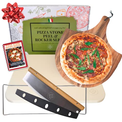 Ritual Life Pizza Stone for Oven and Grill with Wooden Pizza Peel Paddle & Pizza Cutter Set - Detachable Serving Handles - BBQ Grilling Accessories - Baking Supplies - 15 inch x 12 inch Large Stone