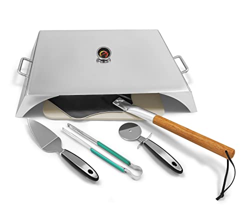 Universal Stainless Steel Grill Top Pizza Oven Kit with Pizza Stone Pizza Peel Pizza Cutter Pizza Shovel for Most Gas Grills Flat Top Grills Griddles Firepit- Set of 7 Pizza Baking Pizza Accessories